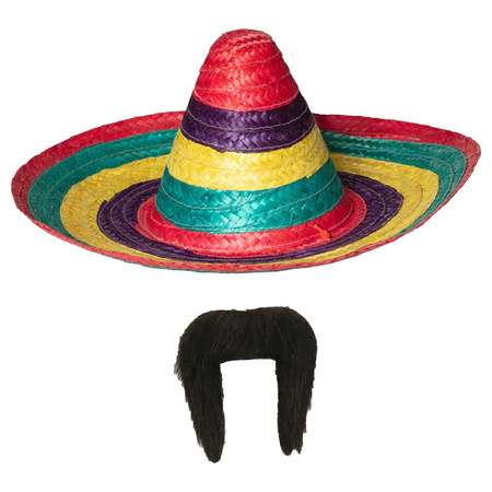 Party carnaval set - Mexican Somrero hat and moustache - mulyi colours - for men