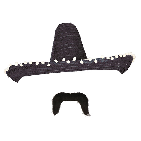 Carnaval verkleed set - Mexicaanse sombrero hoed met plaksnor - zwart - heren