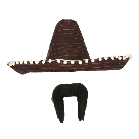 Carnaval verkleed set - Mexicaanse sombrero hoed met plaksnor - zwart - heren