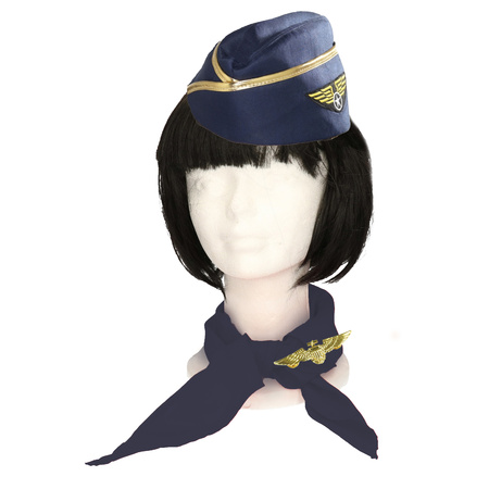 Carnival costume set Stewardesses - hat/brooch/scarf - blue/gold - ladies - airline