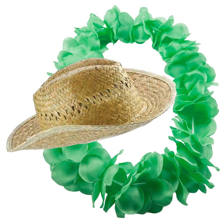 Carnaval set - Tropical Hawaii party - straw beach hat - and flower guirlande green