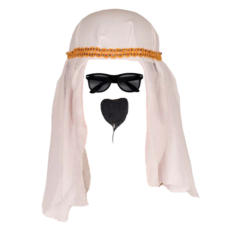 Carnaval verkleed set voor een Arabier/Sjeik - hoofddoek wit - heren- met baardje en zonnebril