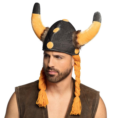 Carnaval verkleed Viking helm - grijs/geel - met hoorns - polyester - heren - met vlechten