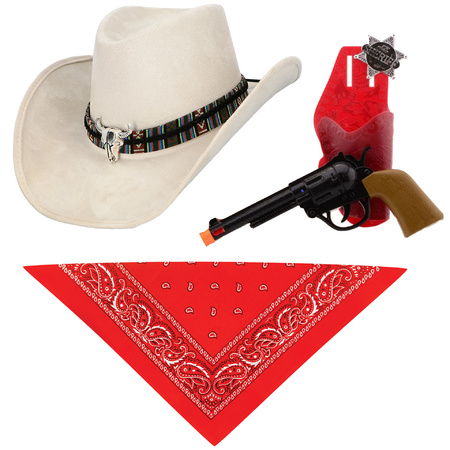 Carnaval verkleedset luxe model cowboyhoed Rodeo - creme wit - hals zakdoek/revolver - voor volwasse