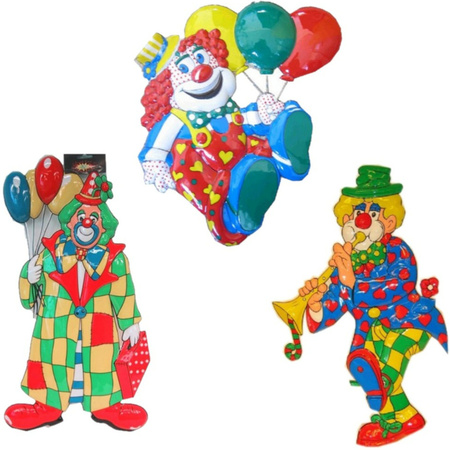 Carnaval versiering clowns - 3x grote wand decoraties 60 cm