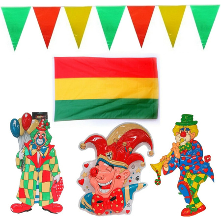 Carnaval versiering XL-pakket - 1x grote vlag /5x vlaggenlijnen/3x wand decoraties