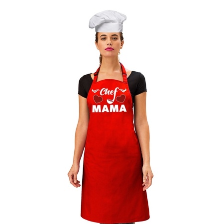 Chef Mama keukenschort rood voor dames met wite koksmuts