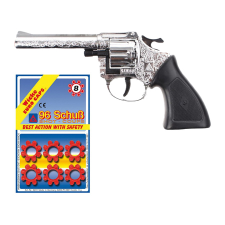 Cowboy speelgoed revolver/pistool - metaal - 8 schots plaffertjes - 96 shots in de set