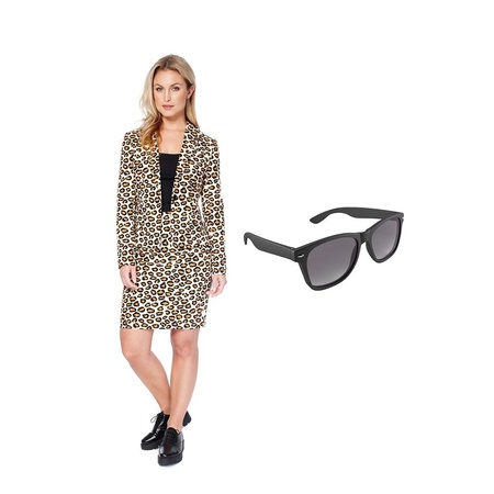 Dames mantelpak luipaard print maat 40 (L) met gratis zonnebril