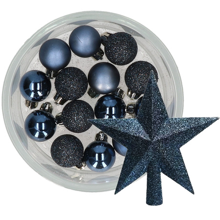 Decoris 14x stuks kerstballen 3 cm met ster piek donkerblauw kunststof