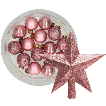Decoris 14x stuks kerstballen 3 cm met ster piek oudroze kunststof