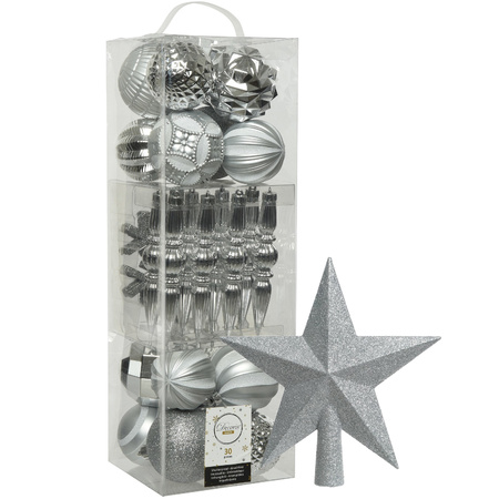 Decoris 30x st kunststof kerstballen, ornamenten en piek zilver