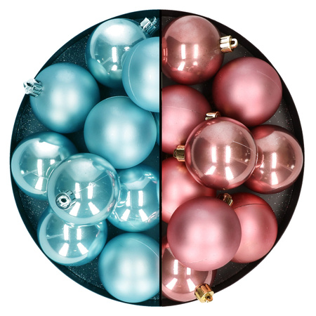 Decoris - kerstballen 24x stuks - mix oudroze en ijsblauw - 6 cm - kunststof