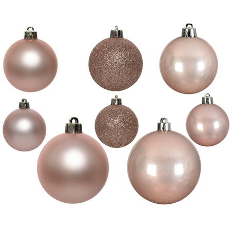 Kerstversiering kunststof kerstballen met piek lichtroze 6-8-10 cm pakket van 27x stuks