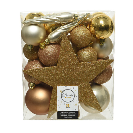 Decoris kerstballen - 33x st incl. ster piek - goud/champagne/bruin - kunststof