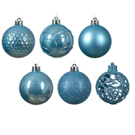 Christmas baubles - turquoise blue and ice blue - 6 cm - plastic