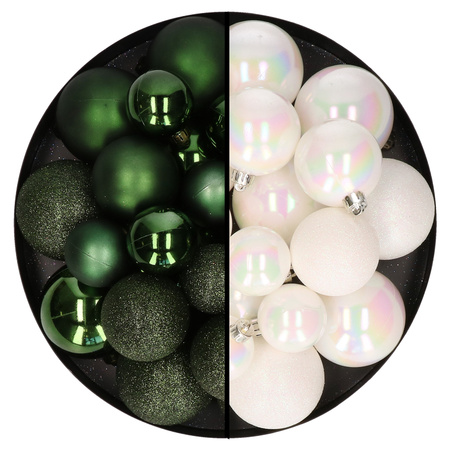 Decoris kerstballen 60x stuks - mix donkergroen/parelmoer wit - 4-5-6 cm - kunststof