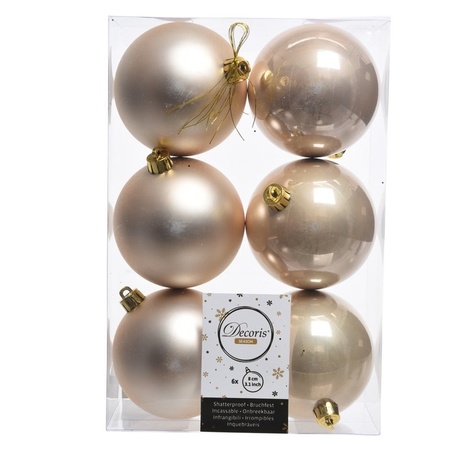 12x stuks kunststof kerstballen mix van donkergroen en champagne 8 cm