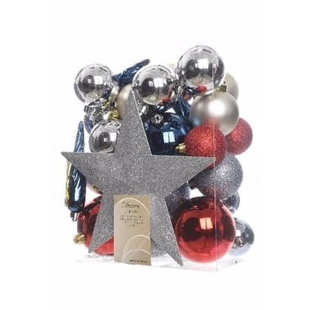 Decoris kerstballen set - 33x st - incl. piek - zilver/rood/blauw - kunststof