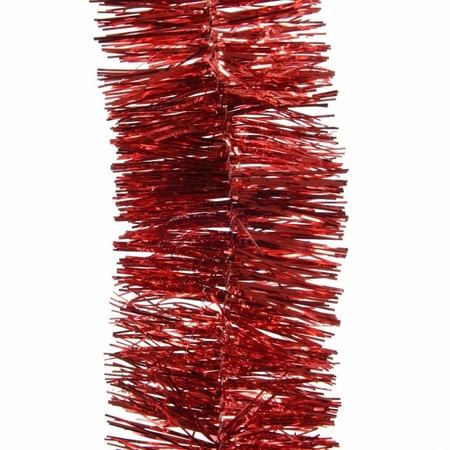 Kerstversiering kunststof glitter bloemen op clip 14 cm en folieslingers pakket kerst rood 5x stuks