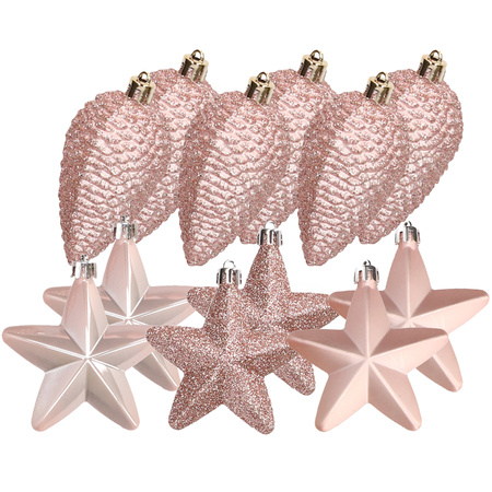 Dennenappels en sterren kerstornamenten - 12 stuks - kunststof - lichtroze