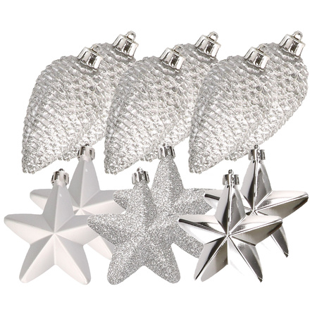 Dennenappels en sterren kerstornamenten - 12 stuks - kunststof - zilver