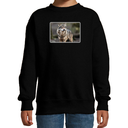 Dieren sweater / trui met wolven foto zwart voor kinderen