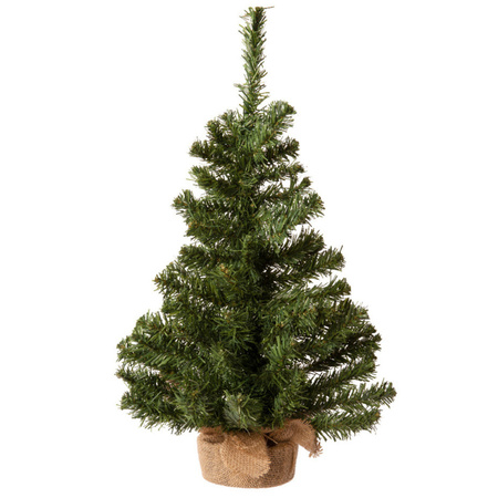 Mini Christmas tree green with string lights - jute bag - H60 cm - black
