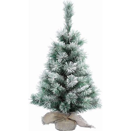 Kunst kerstboom met sneeuw 60 cm in jute zak inclusief zilveren versiering 31-delig