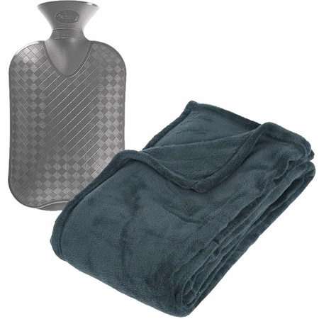 Fleece deken/plaid Blauwgrijs 130 x 180 cm en een warmwater kruik 2 liter