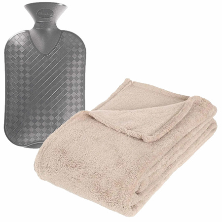 Fleece deken/plaid Licht Beige 125 x 150 cm en een warmwater kruik 2 liter