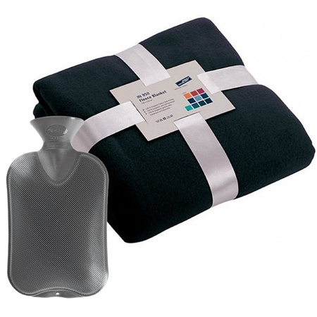 Fleece deken/plaid Navy blauw 130 x 170 cm en een warmwater kruik 2 liter