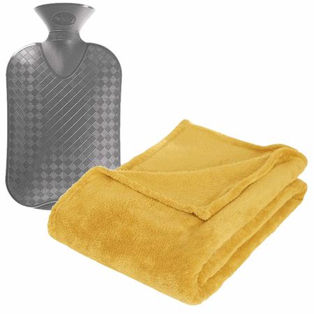 Fleece deken/plaid Okergeel 125 x 150 cm en een warmwater kruik 2 liter