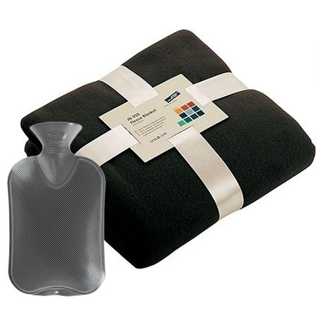 Fleece deken/plaid Zwart 130 x 170 cm en een warmwater kruik 2 liter