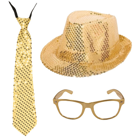 Folat party carnaval verkleed hoedje stropdas en metallic gouden feestbril