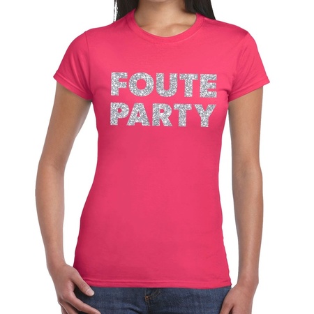 Foute Party zilveren glitter tekst t-shirt roze dames