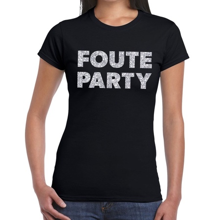 Foute Party zilveren glitter tekst t-shirt zwart dames