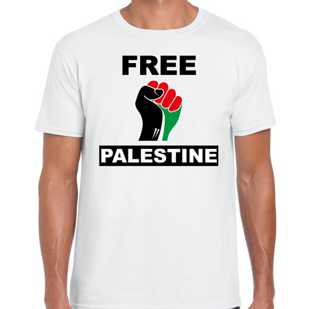 Free Palestine t-shirt wit heren - Palestina shirt met Palestijnse vlag in vuist