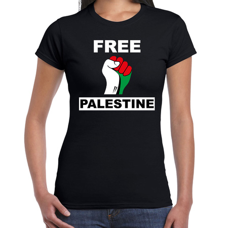 Free Palestine t-shirt zwart dames - Palestina shirt met Palestijnse vlag in vuist
