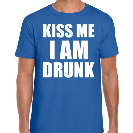 Fun t-shirt kiss me I am drunk blauw voor heren