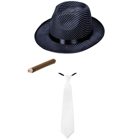Gangster/Maffia/Capone verkleed set hoed - zwart - met witte stropdas en sigaar