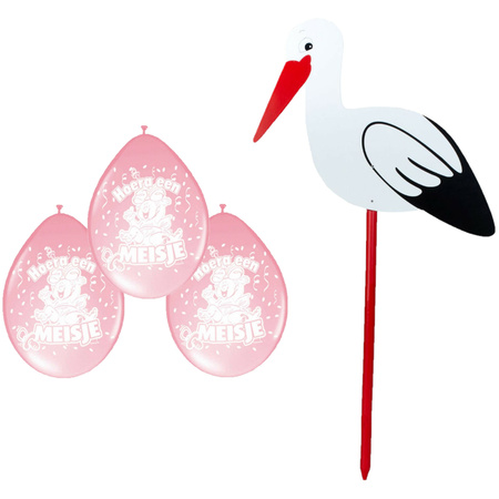 Baby birth decoration - stork for the garden - 100 cm - 8x baby pink balloons