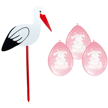 Baby birth decoration - stork for the garden - 100 cm - 8x baby pink balloons