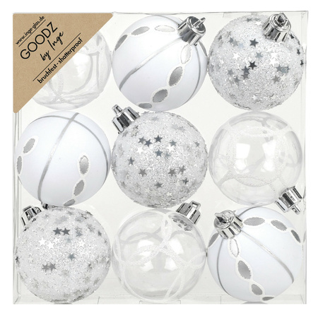 Gedecoreerde kerstballen - 9x st - 6 cm - kunststof - zilver/wit