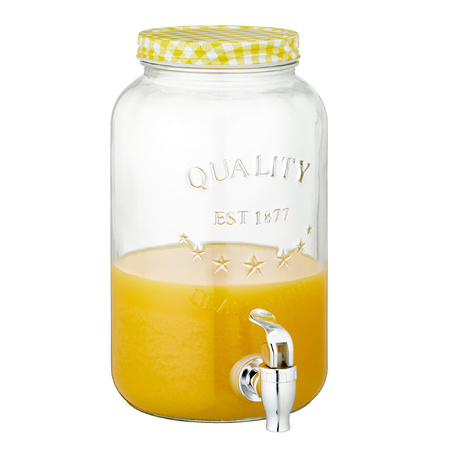 Glazen drankdispenser/limonadetap met geel/wit geblokte dop 3,5 liter