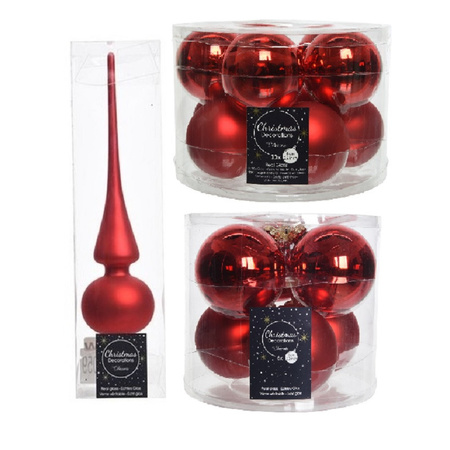 Glass Christmas boubles set 32x pieces christmas red with tree topper frosted