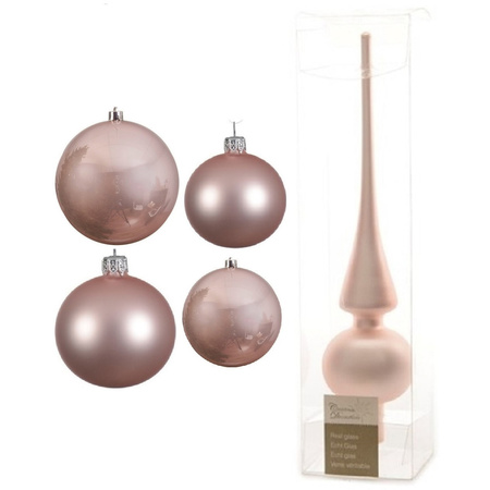 Glazen kerstballen pakket lichtroze glans/mat 38x stuks 4 en 6 cm met piek mat