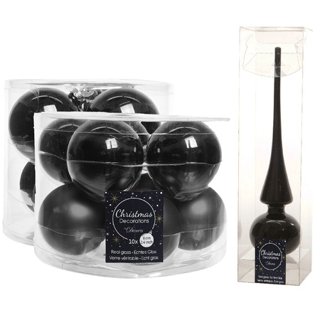 Glazen kerstballen pakket zwart glans/mat 32x stuks inclusief piek glans
