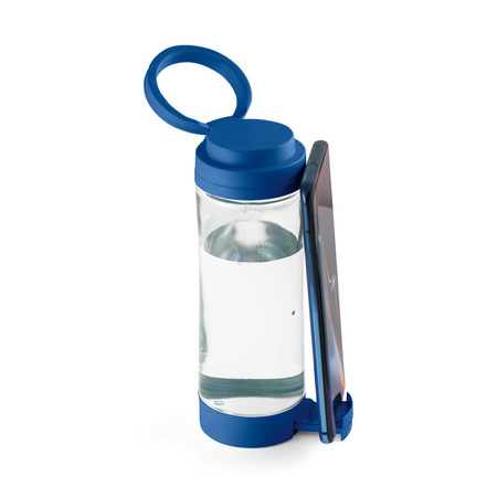 Glazen waterfles/drinkfles met blauwe kunststof schroefdop en smartphone houder 390 ml