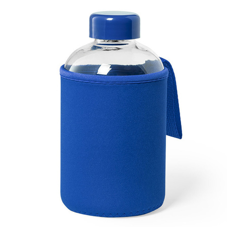 Glazen waterfles/drinkfles met blauwe softshell bescherm hoes 600 ml